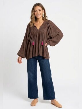 Blue Boheme Dahlia Crochet Tunic Blouse One Size NWT Brown Boho Tassel Peasant